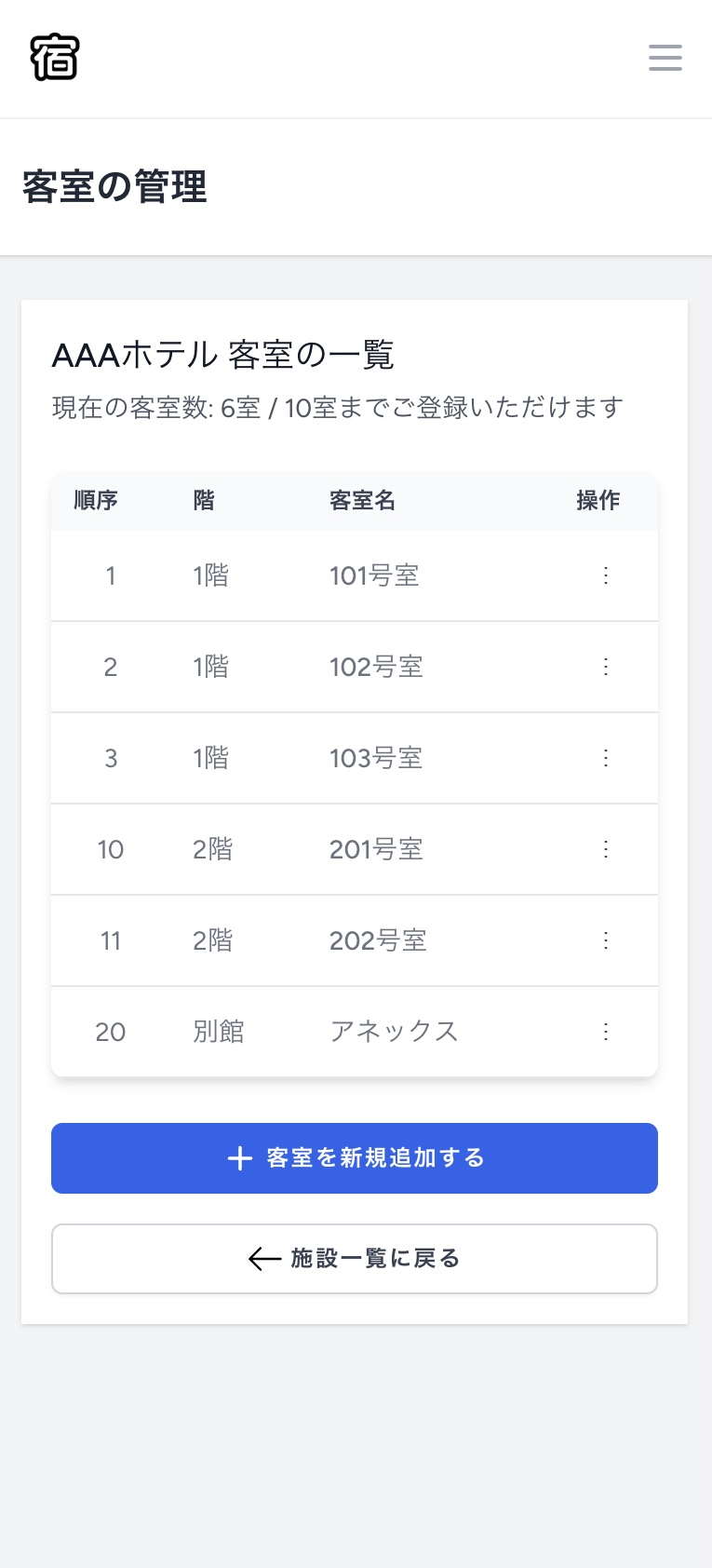 スマホ画面での客室登録完了後の一覧